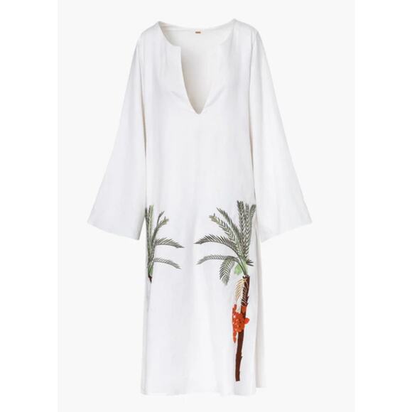 Juan de Dios Lisa Linen Midi Dress Embroidered Palm White Medium Caftan Cover-Up - Picture 3 of 13
